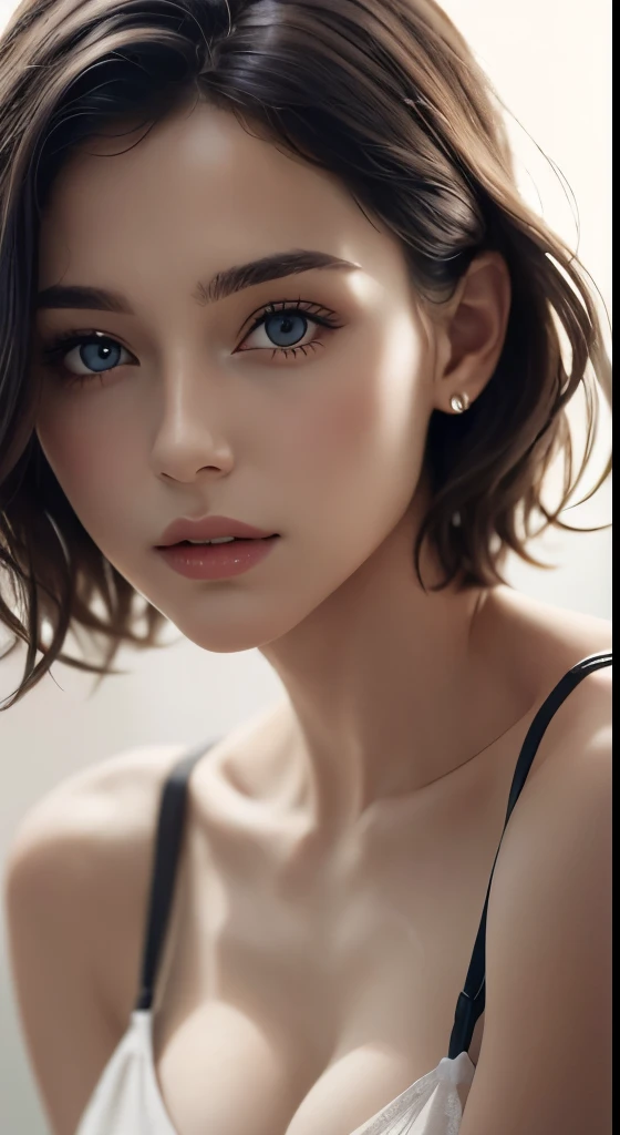 8K uhd、RAWphotograph、モデルphotograph撮影、 European race、(masterpiece、highest quality、Photorealistic、High resolution、photograph:1.3)、Close-up、Focusing、Hot Model、slim、30 year old mature woman、Small face、No makeup、Short Hair、Dark Brown Hair、Fine beautiful eyes、Real Skin、(perfect body)、Sexy hot face、Erotic、Sexual gaze、Detailed beautiful eyes、Glossy lips、Small breasts、Small breasts、Bust B cup、Realistic details、Cool beauty、Cool pose、Background gray、Plain grey background