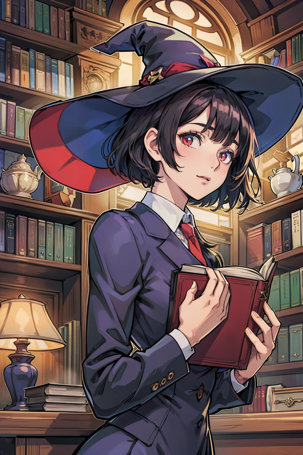 anime girl, bunny ears, short black hair, suit, red eyes, ((best quality)), ((highly detailed)), masterpiece, absurdres, (detailed eyes, deep eyes), (1girl), dynamic angle, dynamic pose, upper body, witch, witch hat, wand, (inside, at a library, librarian, book shelves, books, open book), 