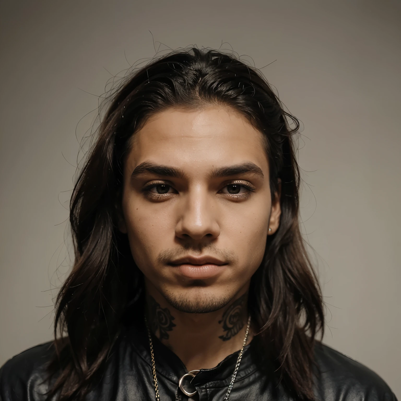 Crie uma imagem de um homem de cabelo pretos ondulados e curto com um piercing na boca