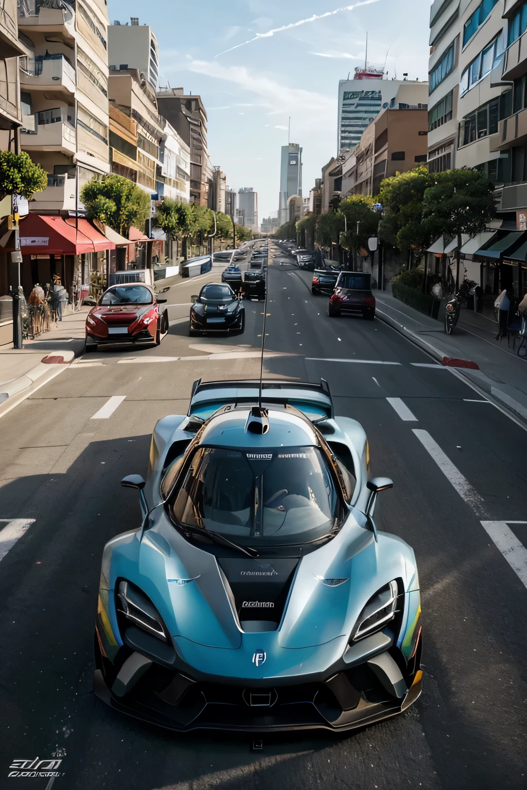 "Draw a scene in which a Formula E car is stopped in the center of a modern city. O carro, with its characteristic aerodynamics, is highlighted, with all technical details and sponsor brands clearly visible. The surrounding streets are lined with skyscrapers and futuristic buildings, with people watching the car with admiration and enthusiasm. Adicione um toque de caricatura nos rostos das pessoas, exaggerating their expressions of surprise and excitement in front of the high-tech electric vehicle."