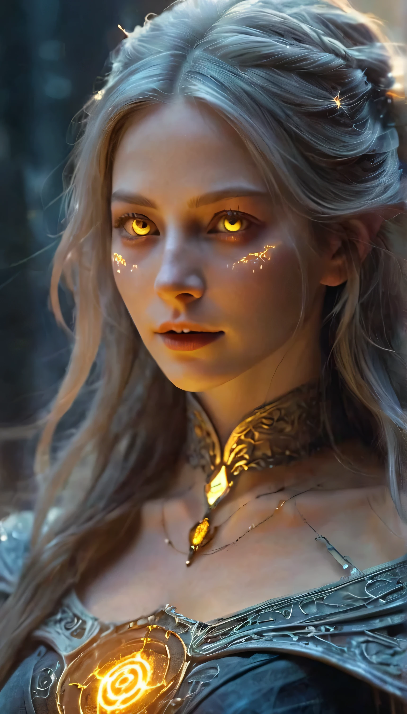 1 girl,adult (elven:0.7) woman,freckles,yellow eyes,gray long hair,
solo,half shot,looking up,detailed background,detailed face,(glowing eyes:1.05),dilated pupils,summoner,unholy,intricate necromancer clothes,amulet,conjuring,movement,evil smile,ritual,pentagram,surrounded by dark  dark magical inscriptions,red swirling summoning energy,(style-swirlmagic:0.7),calling forth evil power,tower background,dark glowing aura,ethereal atmosphere,magic fire,magic array,magic fire,