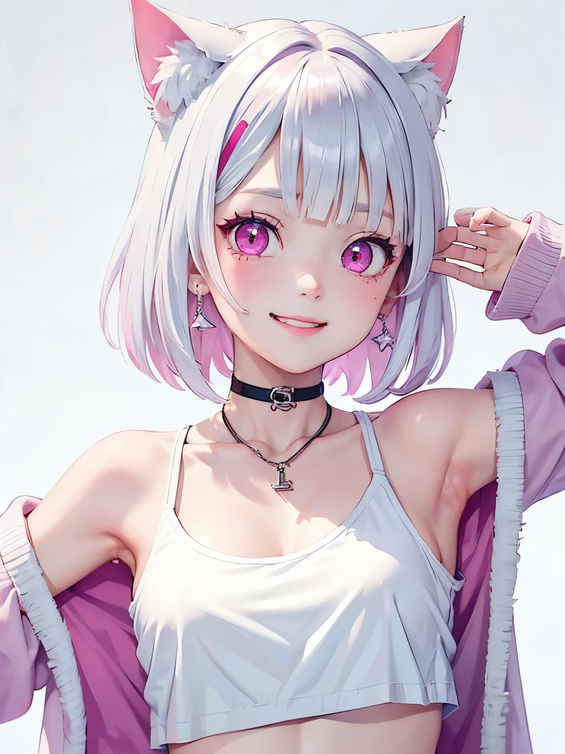 White hair. Short hair. Inner pink hair. Anime girl. Pink eyes. Glowing eyes. Nekomimi. Smiling. Tanktop. Armpit. Coat.