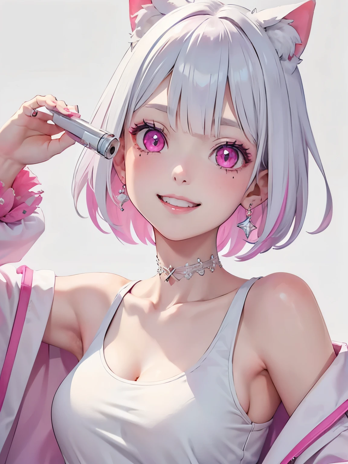 White hair. Short hair. Inner pink hair. Anime girl. Pink eyes. Glowing eyes. Nekomimi. Smiling. Tanktop. Armpit. Coat.