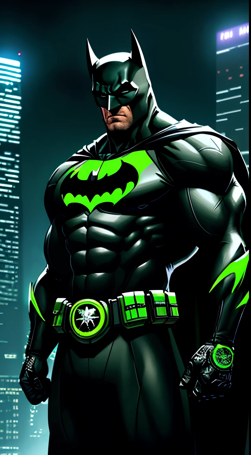 Batman,macho, tall, hunk, muscular, black and neon green suit, neon green details on the suit, best quality, masterpiece, long black cape, short ears on the helmet, white eyes, no pupils, serious face, ultra detailed suit, detailed face, powerful pose, best quality, high resolution:1.2, dark grey ultility belt, night, dark atmosphere, flowing cape, award winning, shadow, volumetric lighting