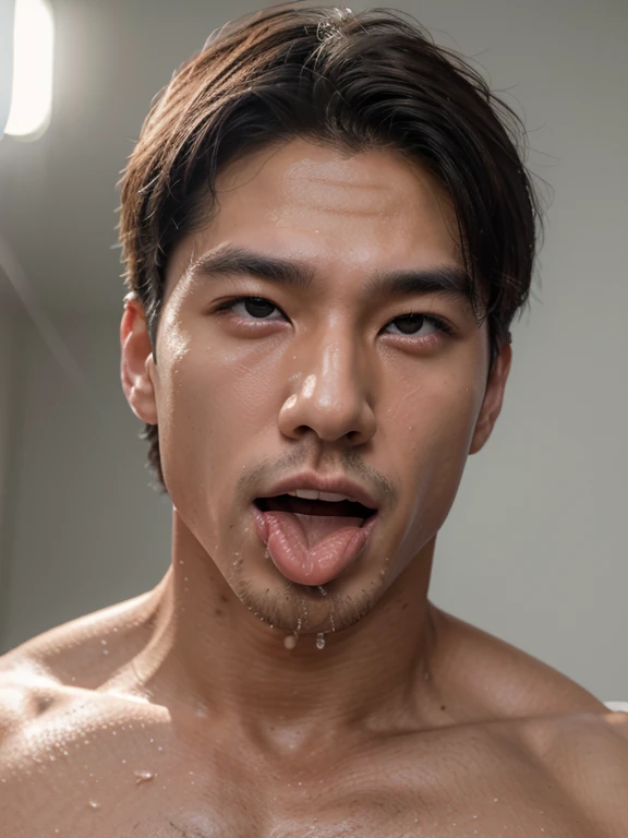 masterpiece, ultra quality, high resolution, 8k, intricate: 1.2), (detailed face:1.2), handsome, Young Korean man ,white skin, double eyelids , detailed skin, 1boy, ((realistic)), abs, good lighting quality, muscle veins, ((pale skin)),(8K, RAW photo, Highest quality),Realistic,frontage,Intricate details,opened mouth,Extremely detailed eyes and eyelasheuscular male,Manly,Exposing the pectoral muscleposing abs,white thong panties,,Soft lighting,Cinematic lighting,Portrait,Close-up,Lovingly,((good light quality)), 1boy, ahg, rolling eyes, mouth open and tongue out ,cowboy shot,, , saliva, solo, sweat, (drooling),((salivating))