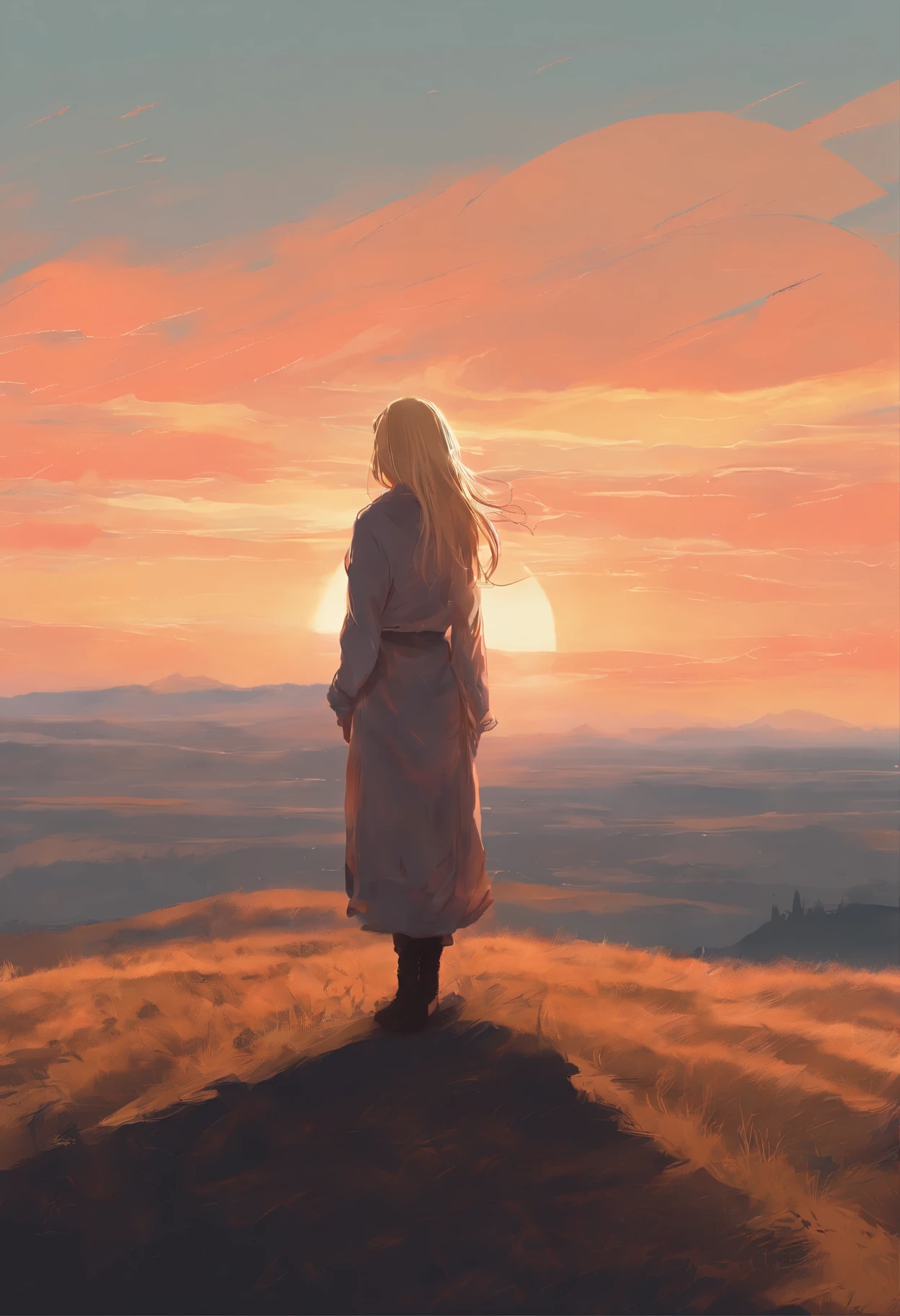 a woman with long blonde hair standing on a hill looking at the sunset, a picture by Niko Henrichon, unsplash, realism, girl watching sunset, looking out at a sunset, beautiful girl on the horizon, looking at sunset, looking off into the sunset, beautiful girl, looking into the distance, at the sunset, during a sunset, looking off into the distance