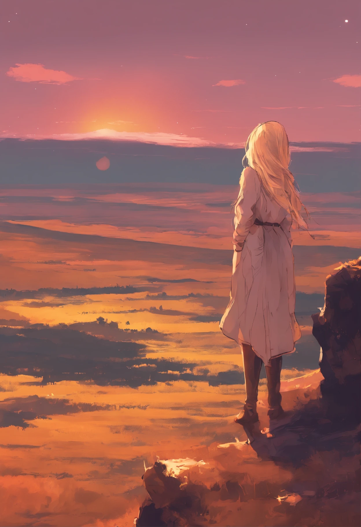 a woman with long blonde hair standing on a hill looking at the sunset, a picture by Niko Henrichon, unsplash, realism, girl watching sunset, looking out at a sunset, beautiful girl on the horizon, looking at sunset, looking off into the sunset, beautiful girl, looking into the distance, at the sunset, during a sunset, looking off into the distance