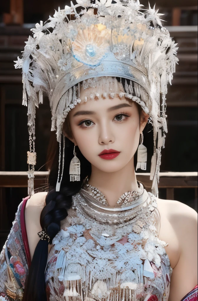 （8k，best quality，masterpiece：1.2），Ultra-high detail，Professional lighting，best quality，Ultra-high resolution，visually stunning，（1 girl：1.1），（Miao costumes and headdresses），Real human skin，（Perfect body 1.3）Super delicate face。