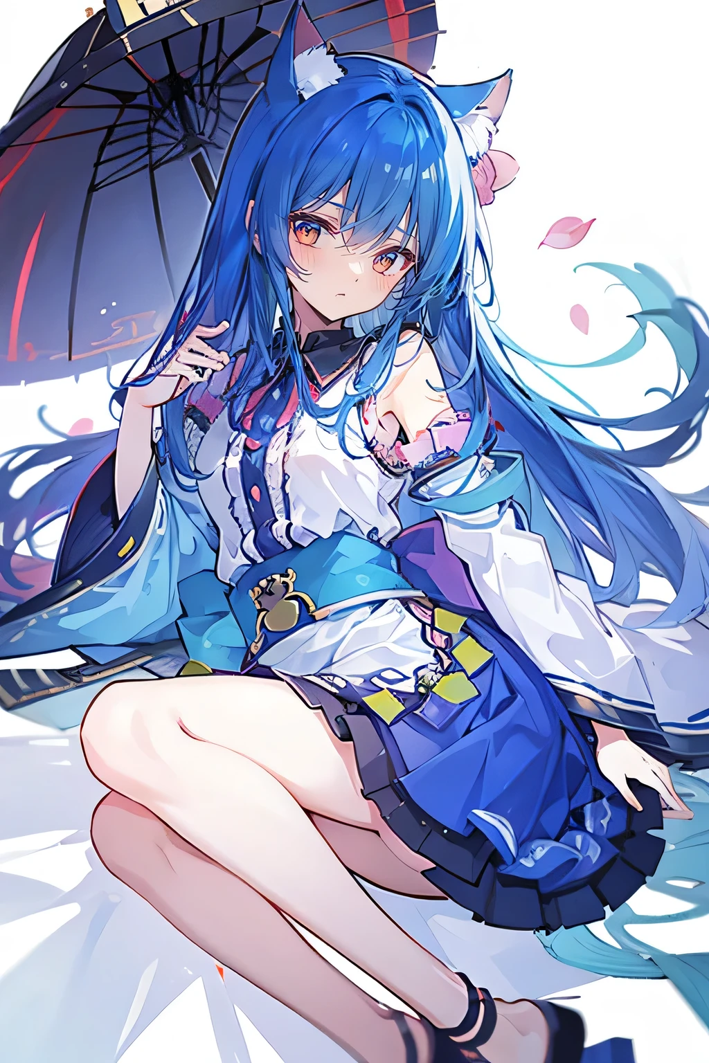 （masterpiece：1.2），Super detailed，lifelike，Expressive eyes，fair skin，perfect face shape，1 girl，
Japanese comics,Gorgeous blue hair,flowing blue hair,flowing clothes,Cat ears,Petals fall,beautiful lola,Baby Angel,
Shaking head with one hand，Lying gracefully on the ground，Cross your legs，Gentle and peaceful background，The pavilion is cool and comfortable,smile.