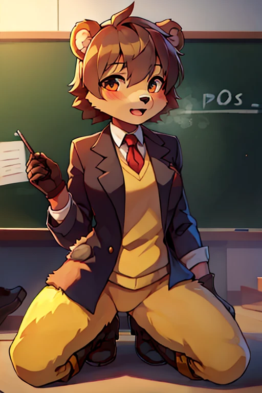 boy, bear, furry, bodyfur, blazer, bottomless, yellow tights, gloves, boots, kneeling, school