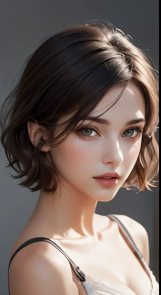 8K uhd、RAWphotograph、モデルphotograph撮影、 European race、(masterpiece、highest quality、Photorealistic、High resolution、photograph:1.3)、Close-up、Focusing、Hot Model、slim、30 year old mature woman、Small face、No makeup、Short Hair、Dark Brown Hair、Fine beautiful eyes、Real Skin、(perfect body)、Sexy hot face、Erotic、Sexual gaze、Detailed beautiful eyes、Glossy lips、Small breasts、Small breasts、Bust B cup、Realistic details、Cool beauty、Cool pose、Background gray、Plain grey background