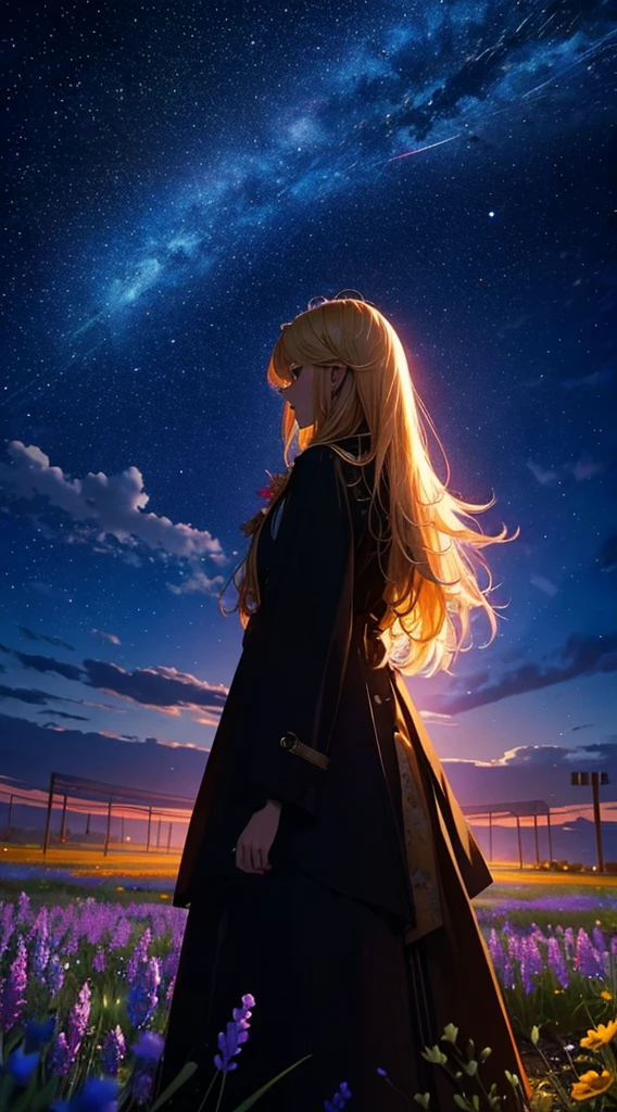 １people々々々々々々々々,Blonde long-haired woman，Long coat， Dress Silhouette， Rear View，Space Sky, Flower Field，Colorful flowers