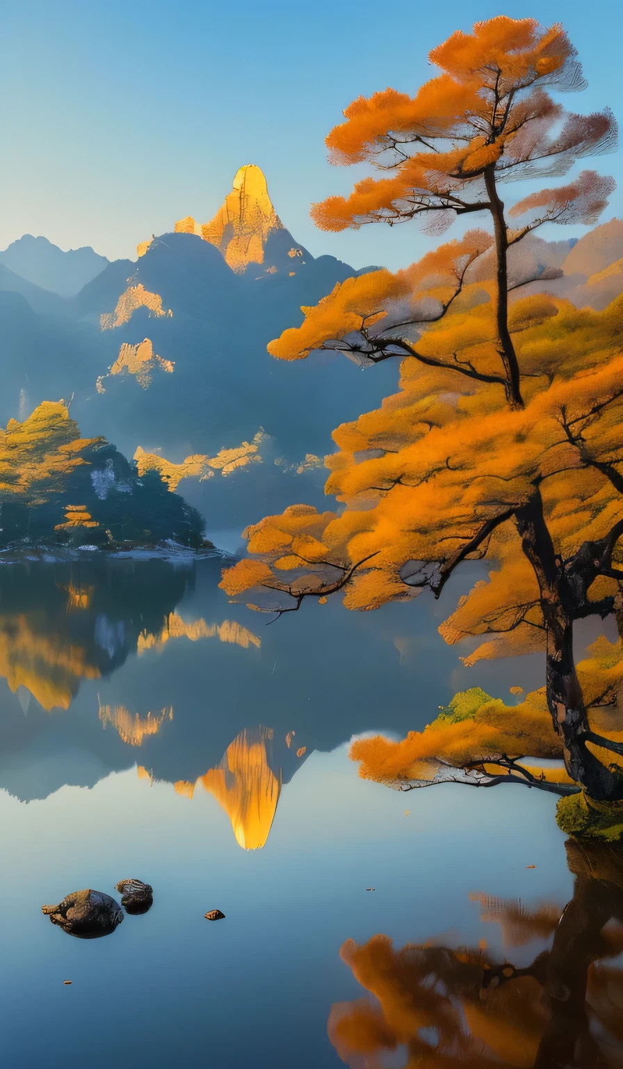 Chinese style,Chinese,((summer, Huangshan National Park,painting art style,traditional Chinese painting,Painting lake and mountain scenery, Reflection of mountains on lake)),,Volumetric solar lighting,((high quality:1.2, masterpiece:1.2)),Oil landscape,Extremely wide and perfect composition,(("mystery, Mysterious and charming scenery")),