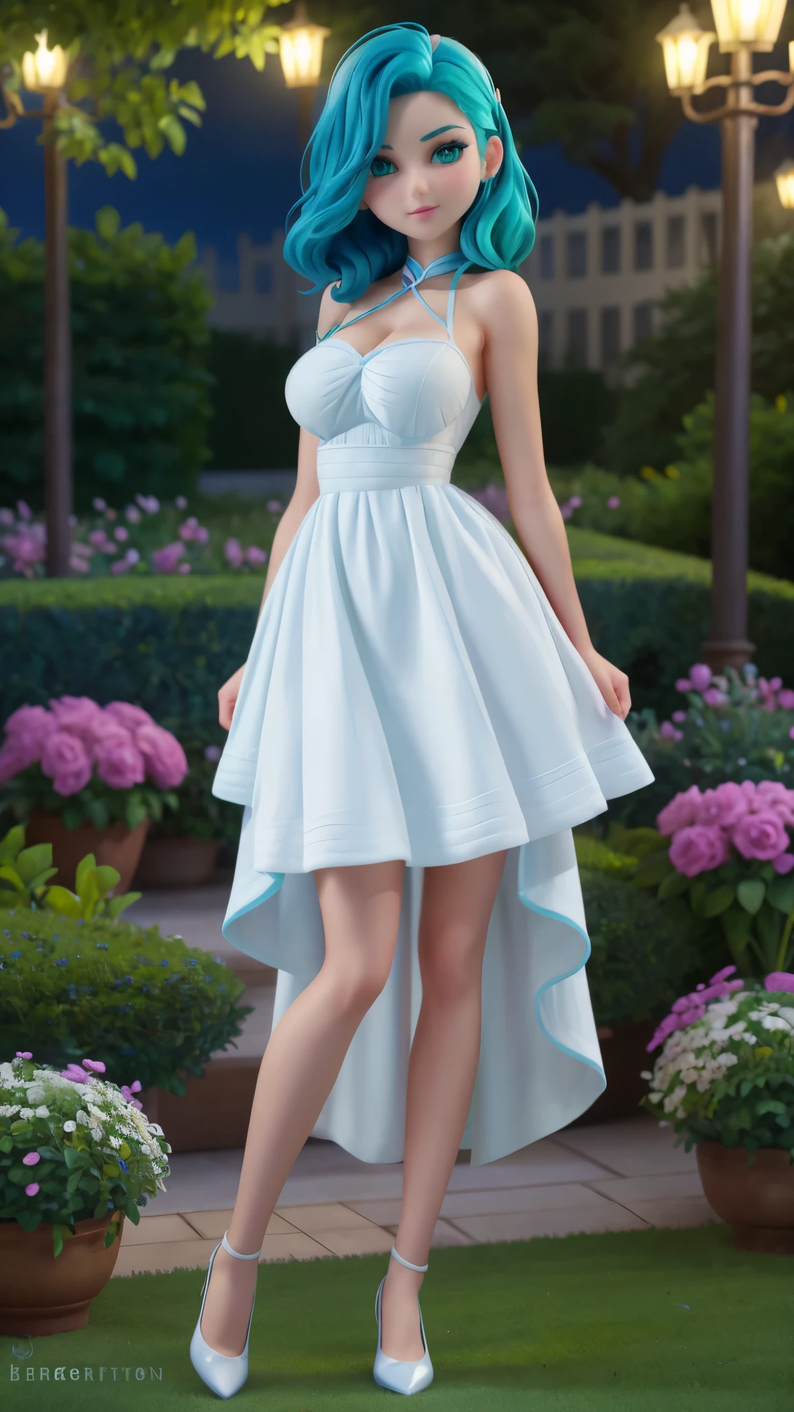 Beauty Girl, blue hair that falls in soft shoulder-length waves. His green eyes stand out and his fair complexion accentuates his delicate features. She dresses a elegant white dress that enhances her distinguished style. Busty. Background garden in the night. Full body