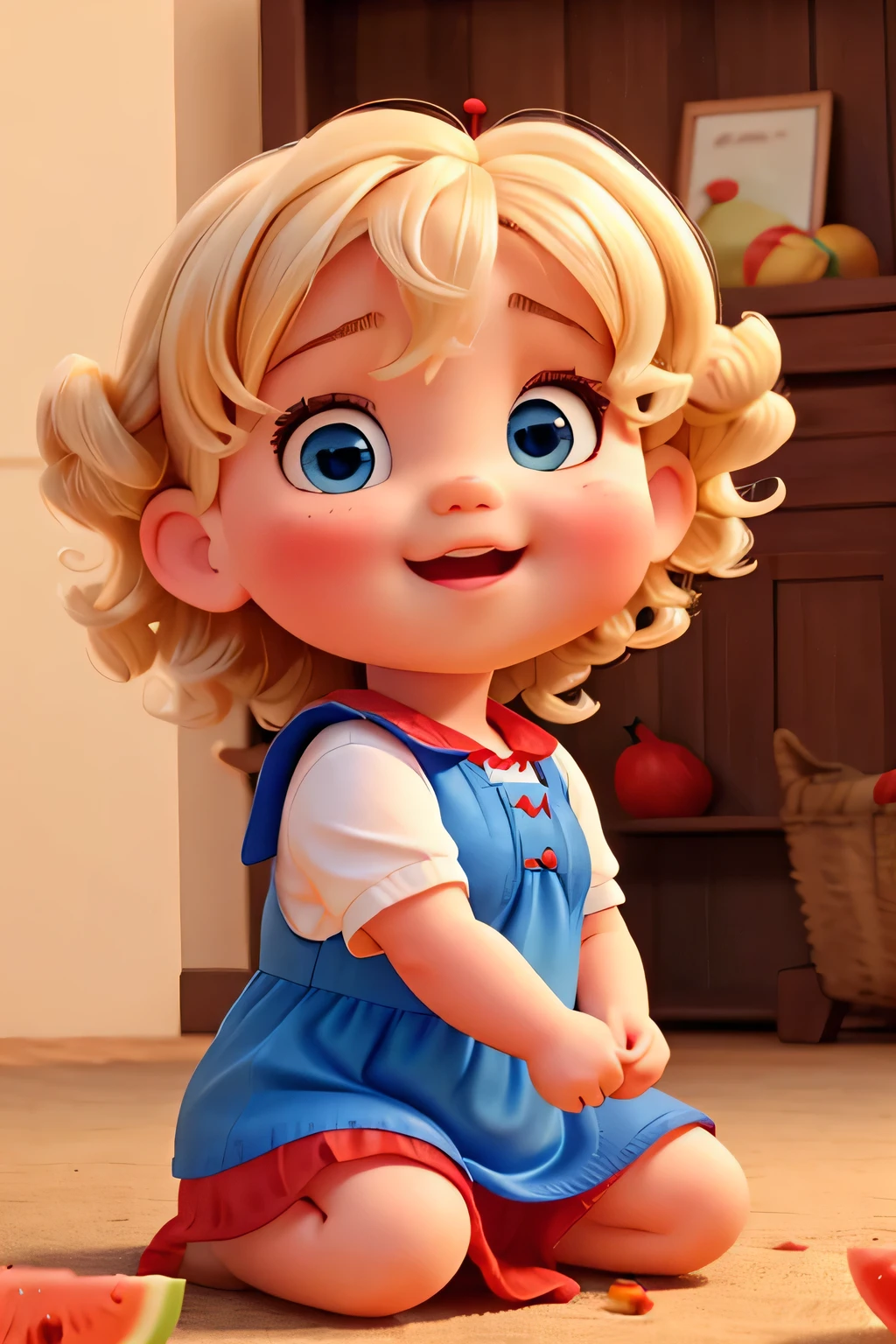 1 chubby blonde baby witort curls and blue eyes eating watermelon and red dress