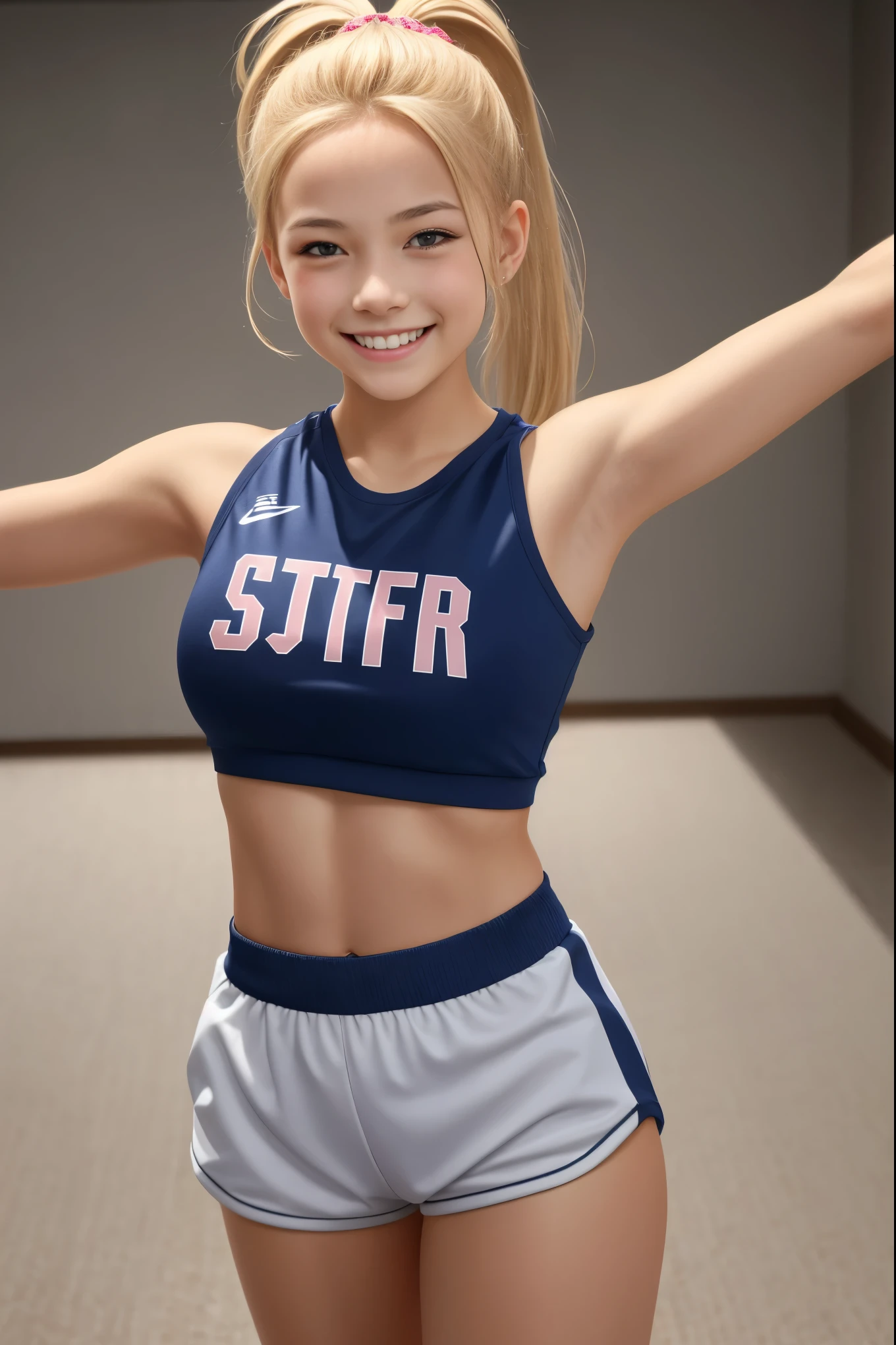 girl, stretching, 8k HD, ultra quality, blonde ponytail, super cute girl, confident and excited smile, 12 year ol