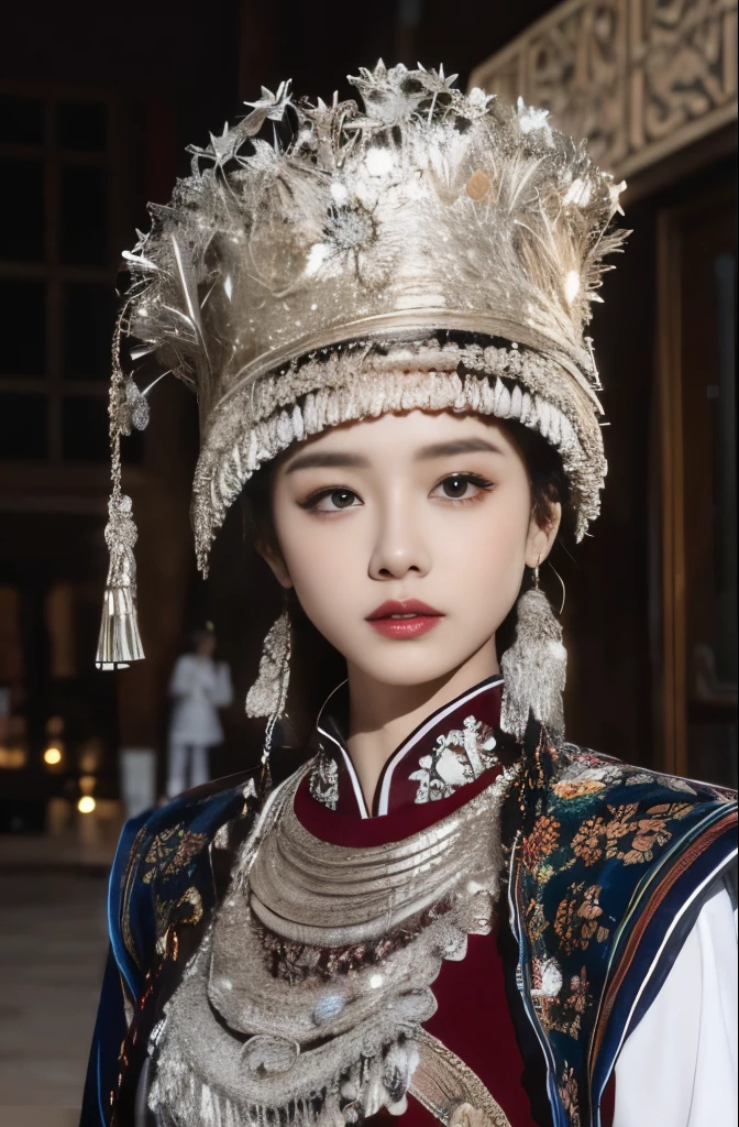 （8k，best quality，masterpiece：1.2），Ultra-high detail，Professional lighting，best quality，Ultra-high resolution，visually stunning，（1 girl：1.1），（Miao costumes and headdresses），Real human skin，（Perfect body 1.3）Super delicate face。