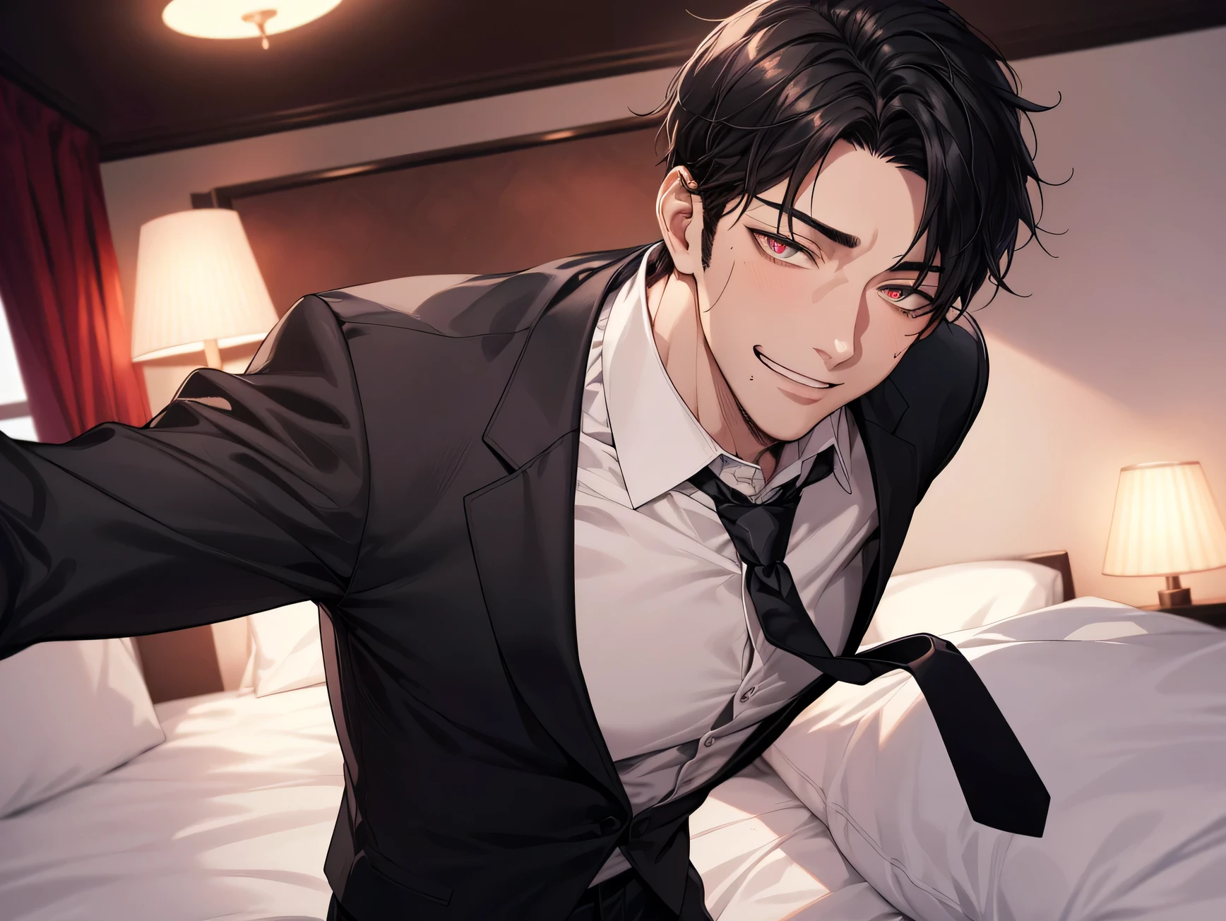 Night atmosphere,Angle from below,male, 30 years old,male1 person、boss,adult,Adult,Black Hair,Shirt and tie,The eyes are brown,Face close-up,sweating,,smile,Background Hotel,bed,night