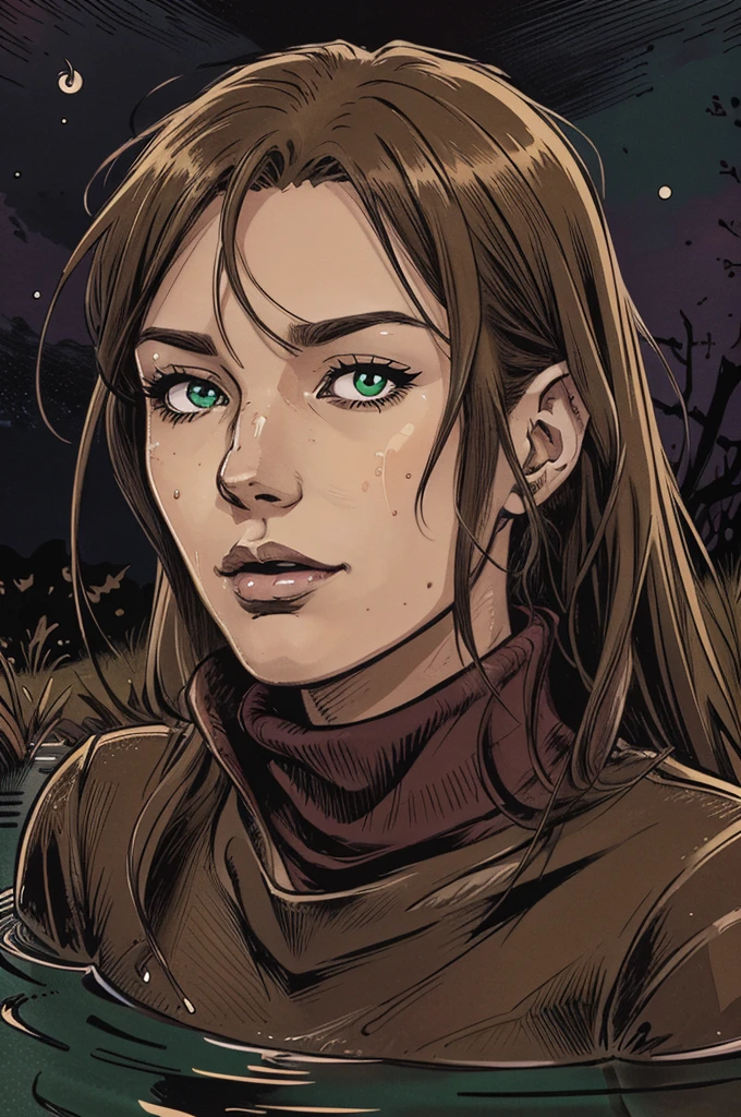 vector image, anime, close-up portrait, mature woman head, gloomy orgasm, turtleneck, drowning in the middle of quicksand bog, green,red,night sky,