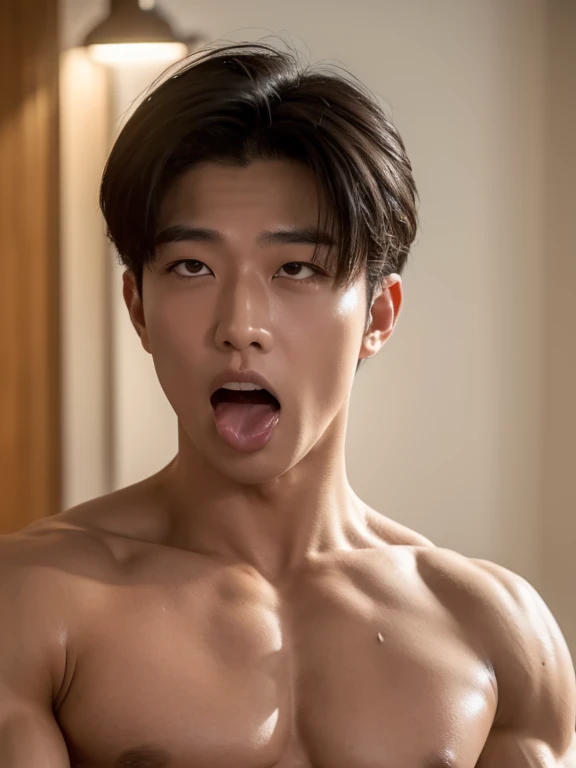 masterpiece, ultra quality, high resolution, 8k, intricate: 1.2), (detailed face:1.2), handsome, Young Korean man ,white skin, double eyelids , detailed skin, 1boy, ((realistic)), abs, good lighting quality, muscle veins, ((pale skin)),(8K, RAW photo, Highest quality),Realistic,frontage，Intricate details,opened mouth,Extremely detailed eyes and eyelasheuscular male,Manly，Exposing the pectoral muscleposing abs，white thong panties，,Soft lighting,Cinematic lighting,Portrait,Close-up,Lovingly,((good light quality)), 1boy, ahg, rolling eyes, mouth open and tongue out ,cowboy shot,, , saliva, solo, sweat, (drooling),((salivating))