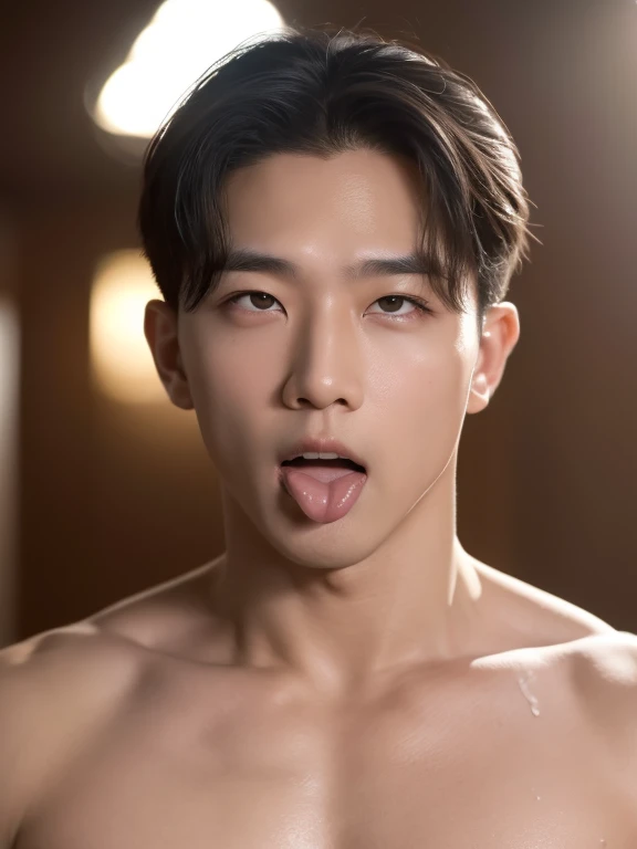 masterpiece, ultra quality, high resolution, 8k, intricate: 1.2), (detailed face:1.2), handsome, Young Korean man ,white skin, double eyelids , detailed skin, 1boy, ((realistic)), abs, good lighting quality, muscle veins, ((pale skin)),(8K, RAW photo, Highest quality),Realistic,frontage,Intricate details,opened mouth,Extremely detailed eyes and eyelasheuscular male,Manly,Exposing the pectoral muscleposing abs,white thong panties,,Soft lighting,Cinematic lighting,Portrait,Close-up,Lovingly,((good light quality)), 1boy, ahg, rolling eyes, mouth open and tongue out ,cowboy shot,, , saliva, solo, sweat, (drooling),((salivating))