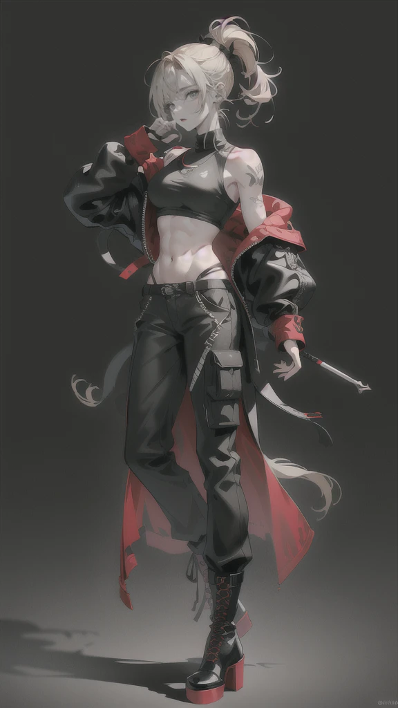 (Very detailed CG Unity 8k wallpaper),(masterpiece), (highest quality), (Very detailed), (Best illustrations), Muscle Girl、One cool woman、blond Hair、ponytail Hair、Green Eyes、Toned body、Six Pack、Black military uniform、Tank top、Black trousers、boots、One tattoo on the shoulder、Earrings、cigarette、Wild Pose、Simple Background