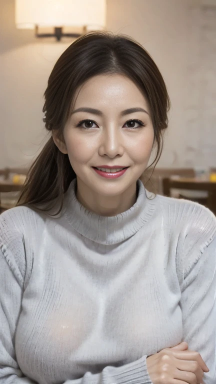 Mature attractive sexy woman,50 years old, Shut,((Big Breasts:1.2)),(Facial wrinkles:1.3),light makeup,Light brown hair,Long Hair,(Tabletop),8k, RAW Photos, highest quality, Laughter,masterpiece,highest quality、A gentle smile、A gaze that seduces viewers、(Scrunchies in a ponytail)、Inside the family restaurant、((Grey knitted sweater))、Sweaty skin、