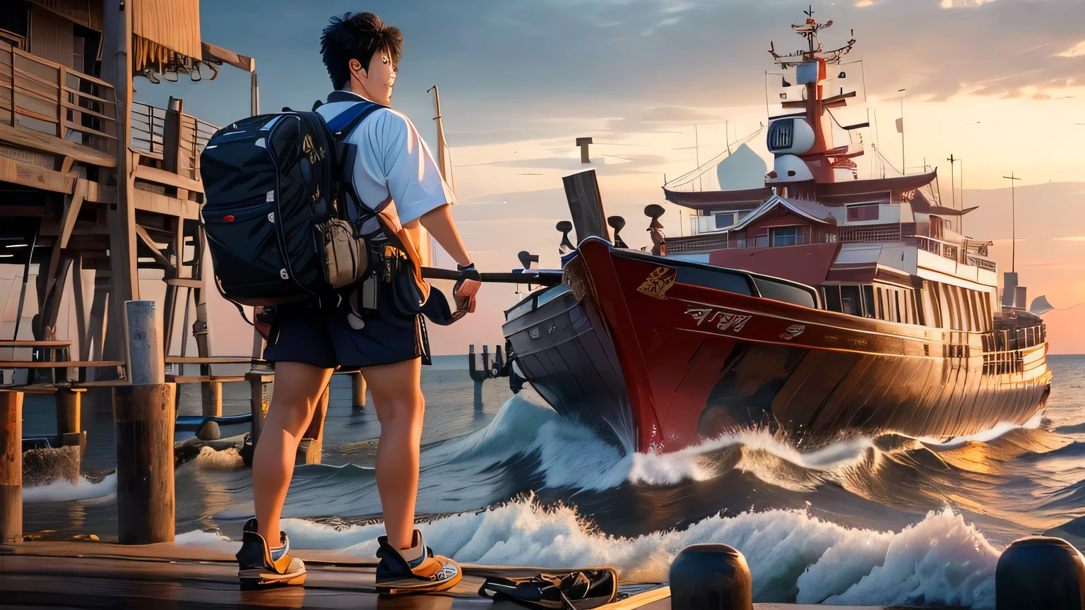 A man works on the pier. Still from the live-action movie Scenes from the live-action film Thawan Duchanee continue to promote images of Thai teenagers. Film promotional photo, still promotional, mid-shot, portrait still from the movie Cai Su Kun, portrait on a teenage boat.