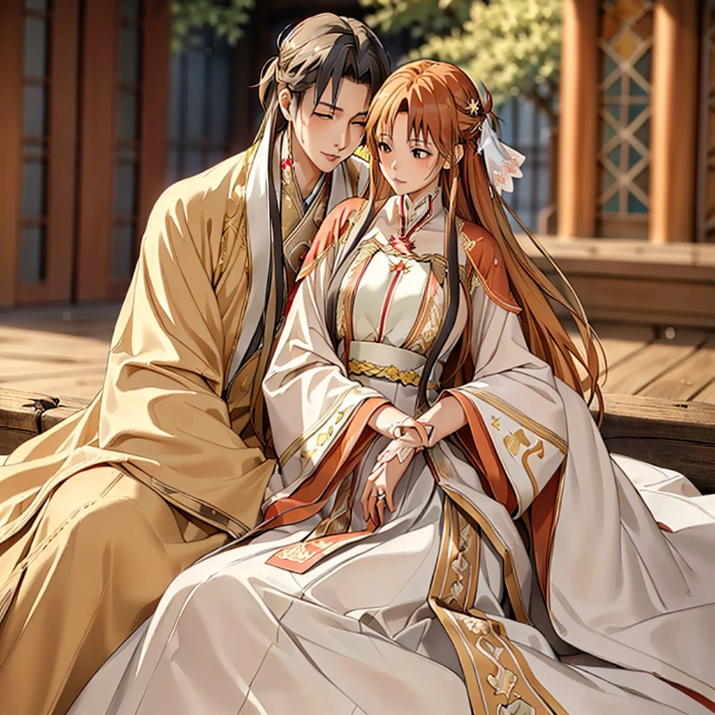 ((highest quality)), ((masterpiece)), (detailed), Perfect Face、Yuuki Asuna、Brown Hair、Hanfu、cuddling with a man、Man and wedding、The woman is in a wedding dress、、Gorgeous hair ornament、Luxury accessories、She hugs the man and presses her face against his chest.、Man hugs woman