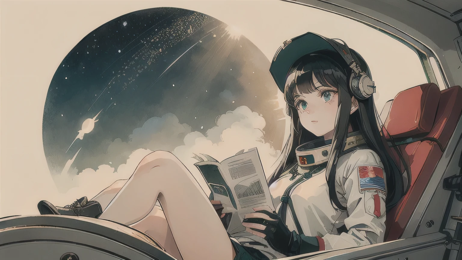 A single woman with beautiful green eyes and intricate details, shiny black hair with straight bangs, centered in the middle of the screen, looking flatly upwards, inside a spacecraft, with a СССР (USSR) poster on a coffee-colored sheet in an old-fashioned news style, adolescent, in the style of the Soviet Union, amidst outer space and a sea of stars, with the red letters СССР (USSR) on the top of the helmet, experiencing weightlessness, illuminated by side light with reflections of sunlight on her space suit.