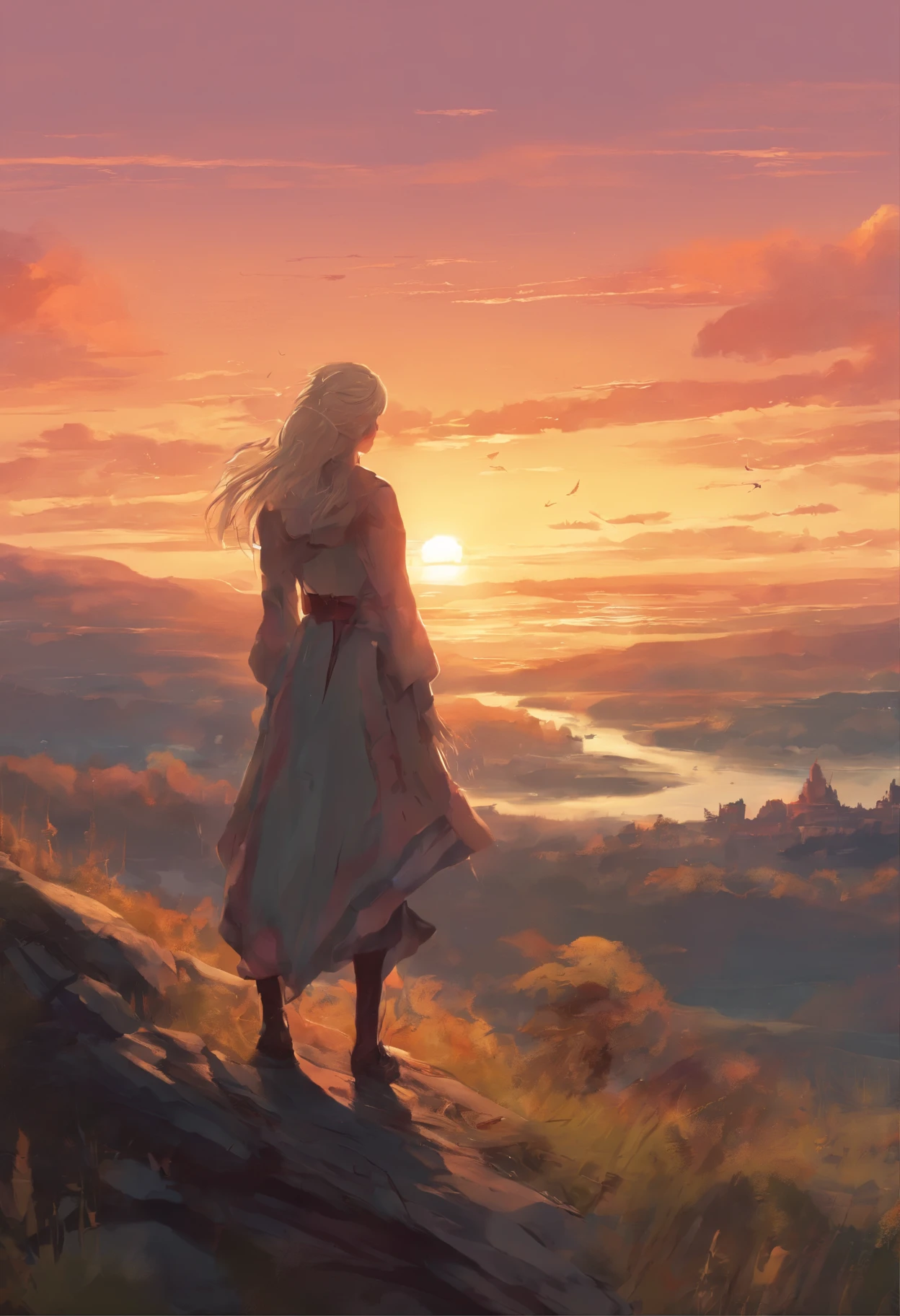 a woman with long blonde hair standing on a hill looking at the sunset, girl watching sunset, looking out at a sunset, beautiful girl on the horizon, looking at sunset, looking off into the sunset, beautiful girl, looking into the distance, at the sunset, during a sunset, looking off into the distance, in the sunset, panoramic view of girl