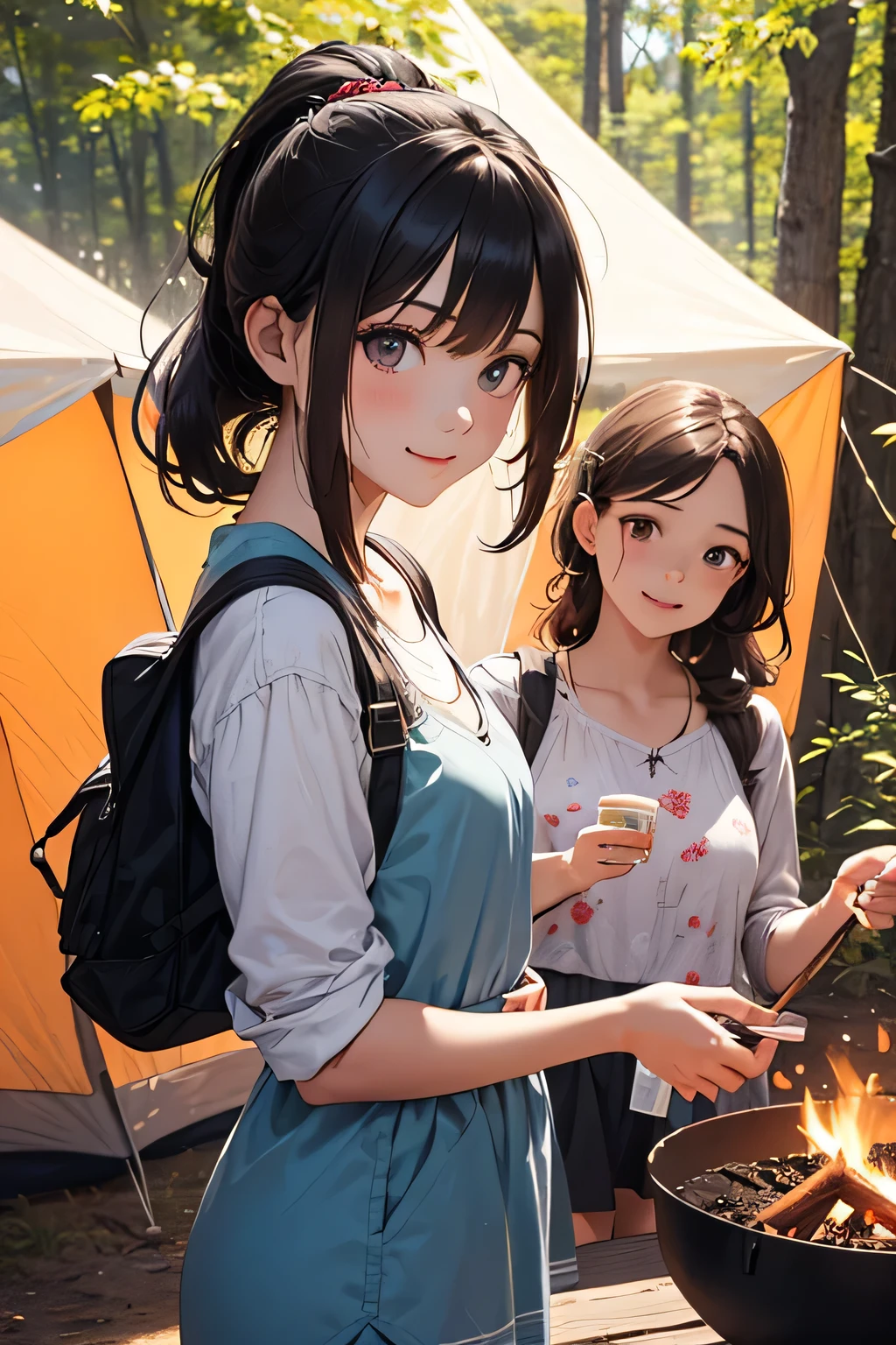 highest quality、High resolution、Detailed Background、(Beautiful face in every detail:1.4)、Anatomically correct、(Draw the usual number of fingers:1.2)、(Detailed facial expressions)、(Detailed eyes:1.2)、(Detailed eyes:1.2)、Beautiful, smooth skin、Teenage beauty、(Three Women)、(Highly detailed face:1.4)、cute hair color、Braided Ponytail、Braided Bob、cute hairstyle、well-groomed eyebrowinimally revealing clothing:1.2)、In a joking manner、A happy look、
(Two beautiful girls enjoying the outdoors:1.5)、
A hiking tour where you can enjoy beautiful natural surroundings、Participants can enjoy the scenery and plants while walking through nature.、Observe the animals、
A party event to enjoy around the campfire、Participants can gather around the campfire to chat, sing and roast marshmallows.、
This is an event where you can learn outdoor survival skills while enjoying camping.、Participants will gain outdoor living skills by pitching tents, foraging for food in the wild, and making a fire.、
Pair it with shorts that allow you to move around comfortably and a cool tunic.、
It is a good idea to choose shorts made of a material that will not be a problem if they get wet.、
We recommend tunics with cute patterns such as floral or polka dot patterns.、
Pair a light-hearted dress with comfortable sandals.、
Choosing a dress with a summery design such as a floral or striped pattern will make you look even cuter.、cute