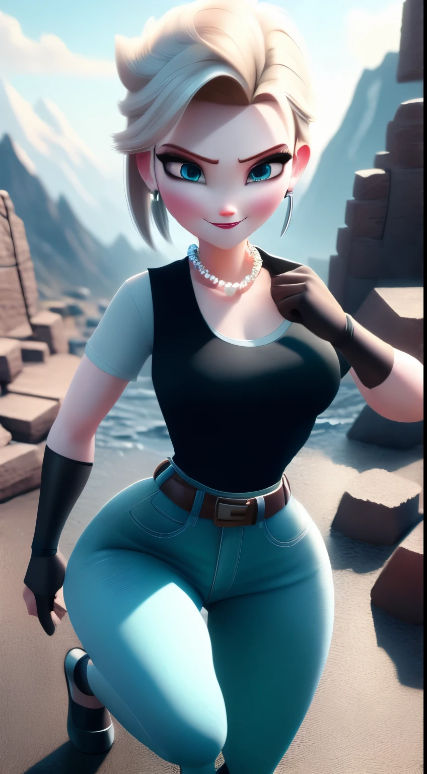 best quality, high-res, and18, 1girl, android 18, solo, blonde hair, blue eyes, belt, green jeans, pearl, necklace, bracelets, black gloves, white shirt, short hair, short sleeves, earrings, green leggings, open vest, black vest, medium breasts, cowboy shot, battle ruins, straight-on, mountain view, (weather: rainy), cute smile, combat stance, wide hips,