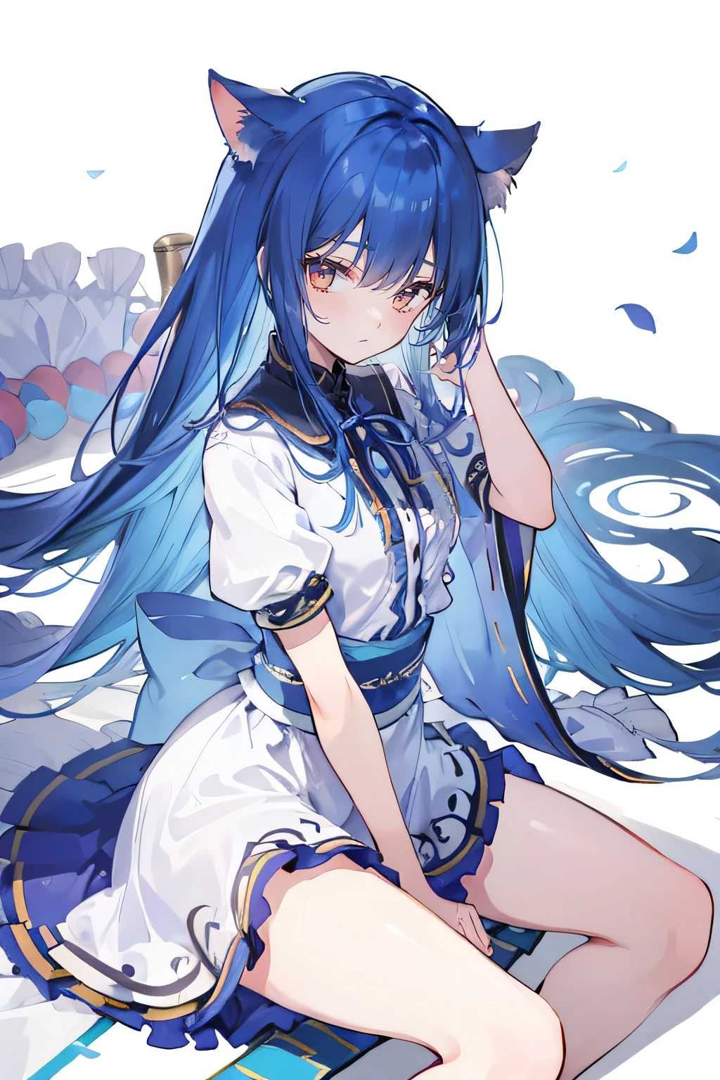 (masterpiece:1.2),Super detailed,lifelike,Expressive eyes,fair skin,perfect face shape,1 girl,
Japanese comics,Gorgeous blue hair,flowing blue hair,flowing clothes,Cat ears,Petals fall,beautiful lola,Baby Angel,
Shaking head with one hand,Lying gracefully on the ground,Cross your legs,Gentle and peaceful background,The pavilion is cool and comfortable,smile.