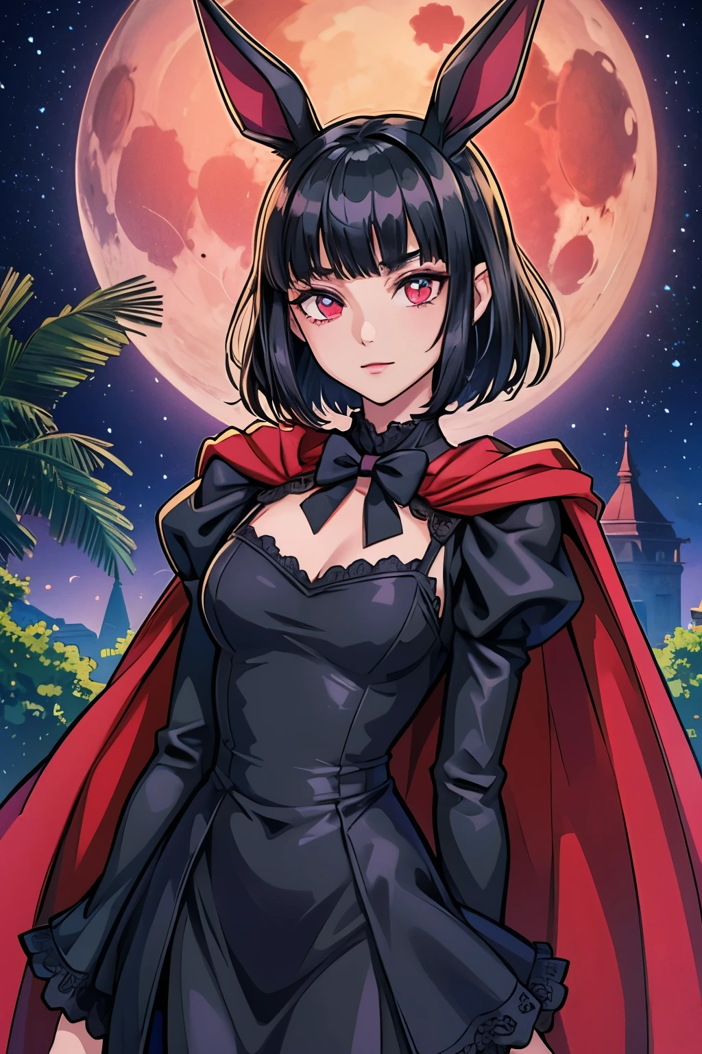 anime girl, short black hair, Bangs are heavy, bunny ears, vampire, red eyes, ((best quality)), ((highly detailed)), masterpiece, absurdres, (detailed eyes, deep eyes), (1girl), cape, Outside at night when the moon shines, dress, frills, The sleeves are wide at the hem, long sleeve shirt, black tie