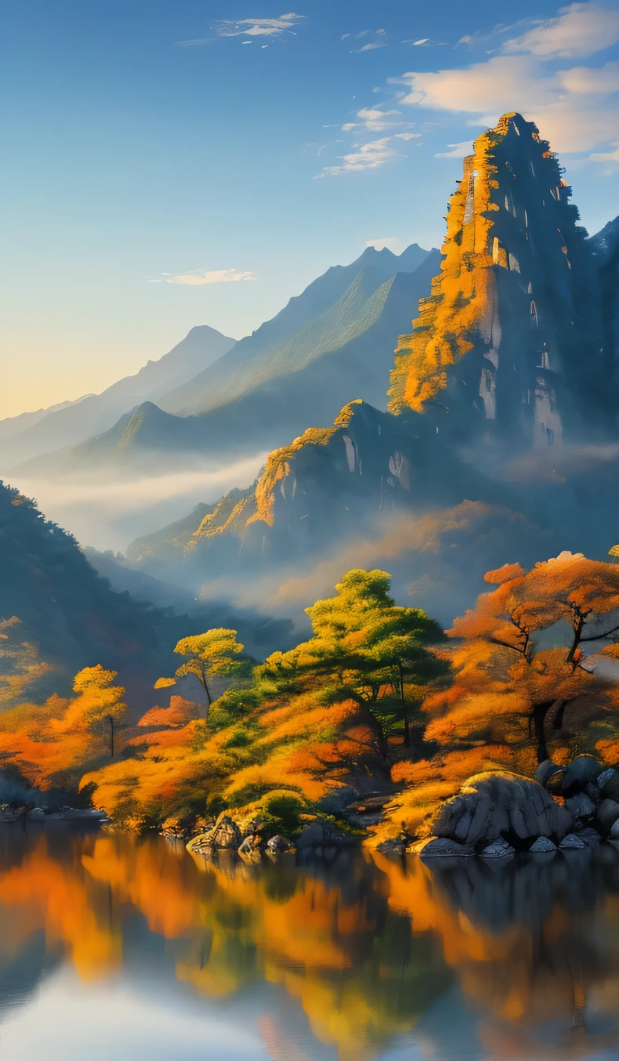 Chinese style,Chinese,((summer, Huangshan National Park,Art style,traditional Chinese painting,Painting lake and mountain scenery, Reflection of mountains on lake)),,Volumetric solar lighting,((high quality:1.2, masterpiece:1.2)),Oil landscape,Extremely wide and perfect composition,(("mystery, Mysterious and charming scenery")),32k