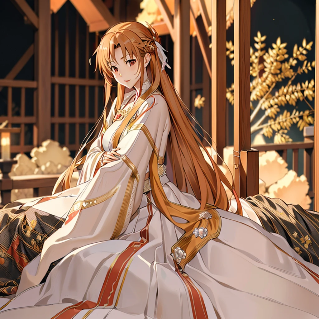 ((highest quality)), ((masterpiece)), (detailed), Perfect Face、Yuuki Asuna、Brown Hair、Hanfu、cuddling with a man、Man and wedding、The woman is in a wedding dress、、Gorgeous hair ornament、Luxury accessories、She hugs the man and presses her face against his chest.、Man hugs woman