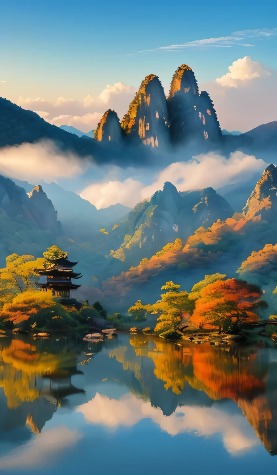 Chinese style,Chinese,((summer, Huangshan National Park,Art style,traditional Chinese painting,Painting lake and mountain scenery, Reflection of mountains on lake)),,Volumetric solar lighting,((high quality:1.2, masterpiece:1.2)),Oil landscape,Extremely wide and perfect composition,(("mystery, Mysterious and charming scenery")),32k