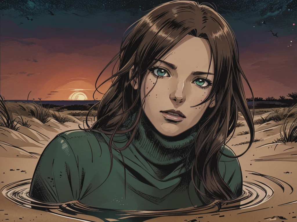 vector image, anime, close-up portrait, mature woman head, gloomy orgasm, turtleneck, drowning in the middle of quicksand bog, green,red,night sky,