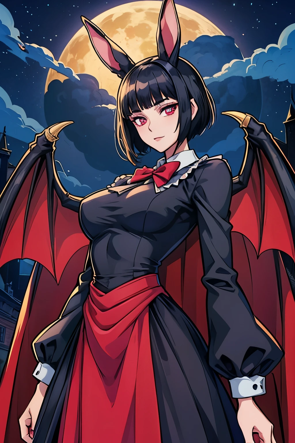 anime girl, short black hair, Bangs are heavy, bunny ears, vampire, red eyes, ((best quality)), ((highly detailed)), masterpiece, absurdres, (detailed eyes, deep eyes), (1girl), cape, Outside at night when the moon shines, dress, frills, The sleeves are wide at the hem, long sleeve shirt, black tie