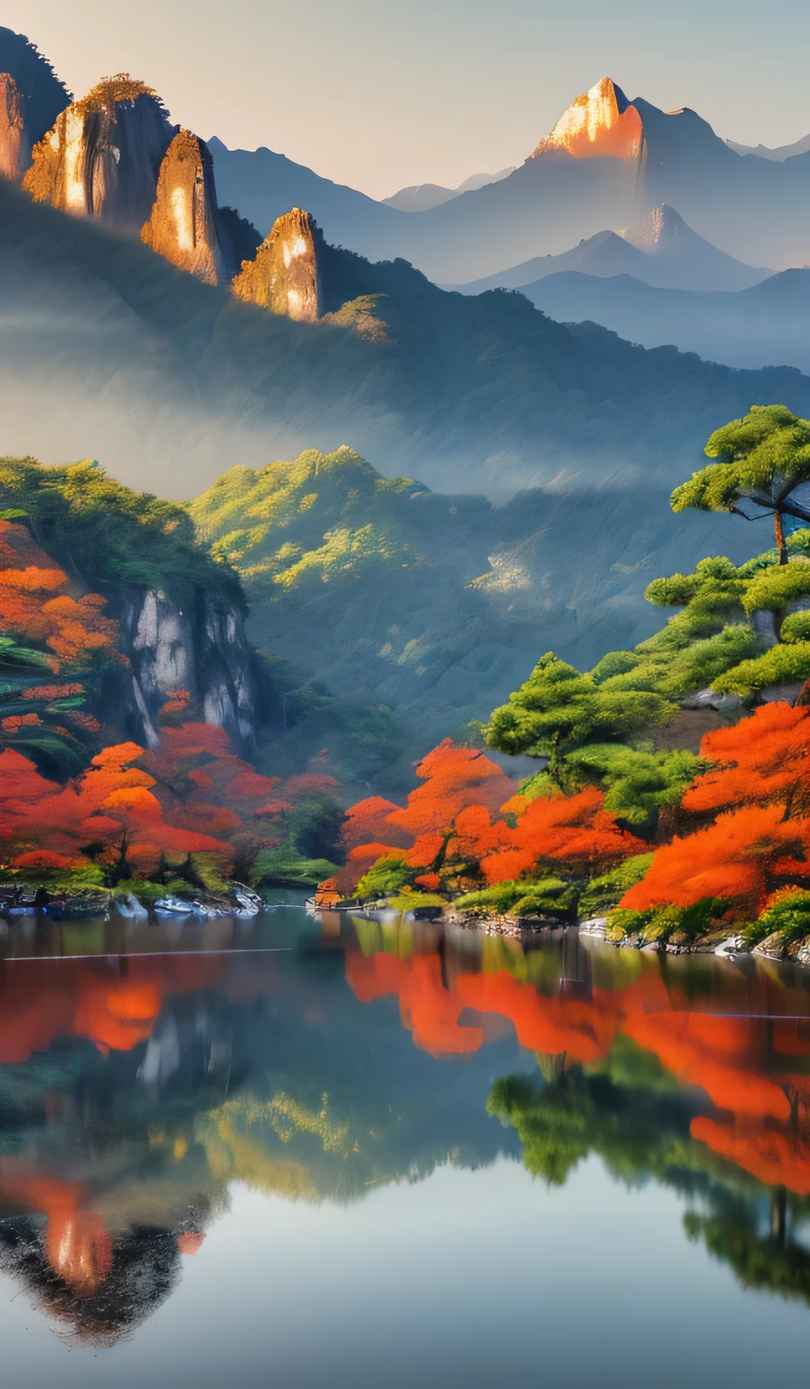 Chinese style,Chinese,((summer, Huangshan National Park,Art style,traditional Chinese painting,Painting lake and mountain scenery, Reflection of mountains on lake)),,Volumetric solar lighting,((high quality:1.2, masterpiece:1.2)),Oil landscape,Extremely wide and perfect composition,(("mystery, Mysterious and charming scenery")),32k