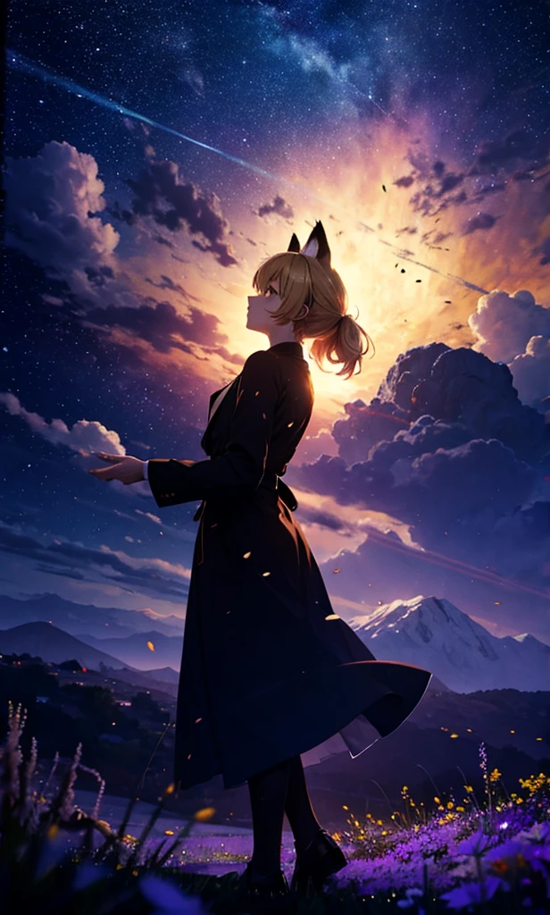 1people々々々々々々々々々々々々々々々々々,Woman with medium length blonde hair,Fox Ears,Long coat,Takageta, Dress Silhouette, Rear View,Space Sky, Flower Field,Colorful flowers,Dancing Petals,full moon,shrine,