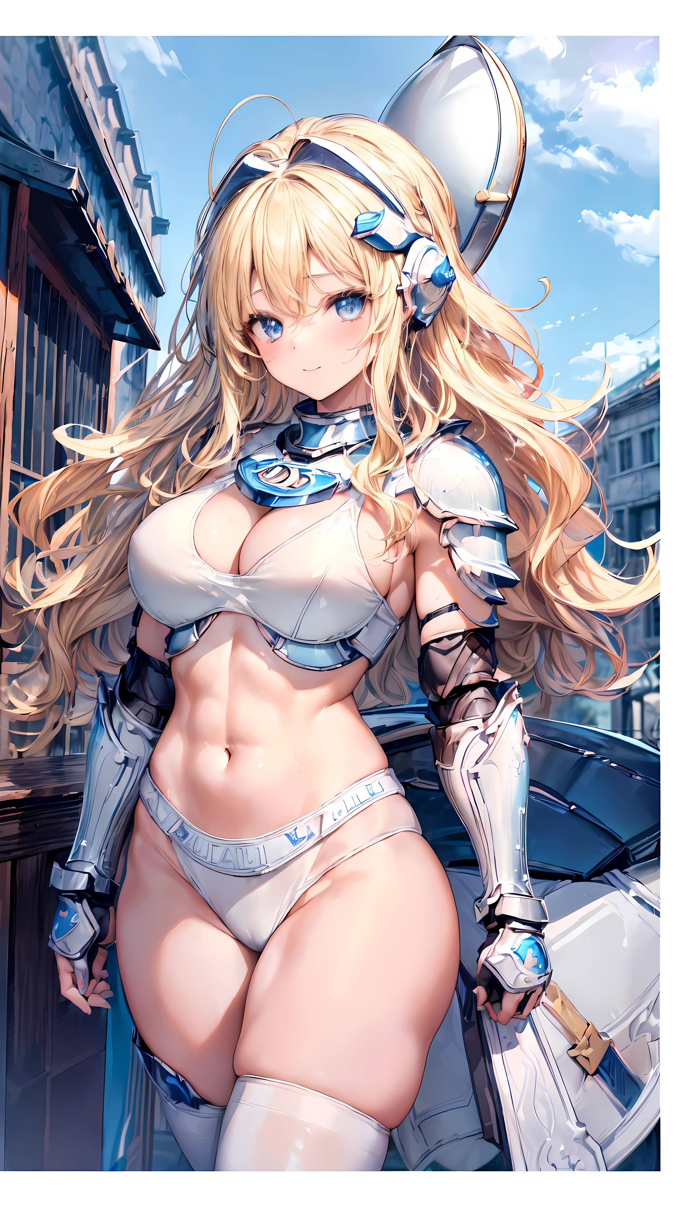 (Adult women:1.5)、Very detailed、highest quality、Best image quality、masterpiece、8k、Anime Face、A kind smile、Open your mouth、Sparkling blue eyes、(Blonde Wavy Hair:1.5)、、Muscles of the whole body、T-back thong、Thigh belt、(Wearing white bikini armor:1.5)、(Cowboy Shot:1.5)、(Leg armor:1.5)、(Wearing a helmet:1.5)