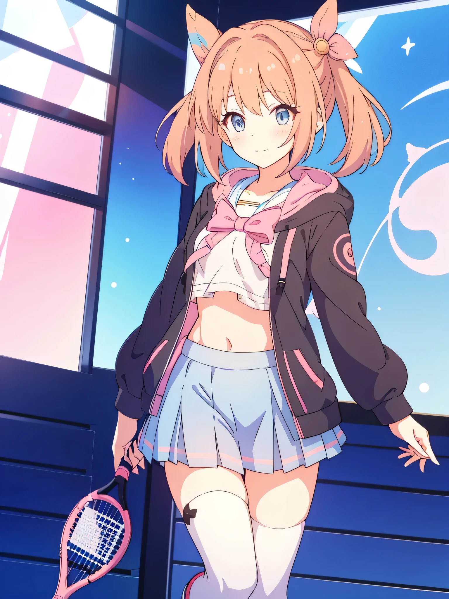 Beautiful vtuber girl short hair blue eyes pink hair in room with short black school skirt hoodie cute with white stockings pink tennis shoes with black