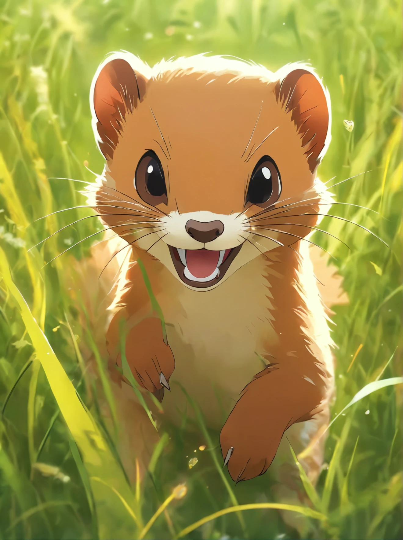 A weasel pouncing in the grass.