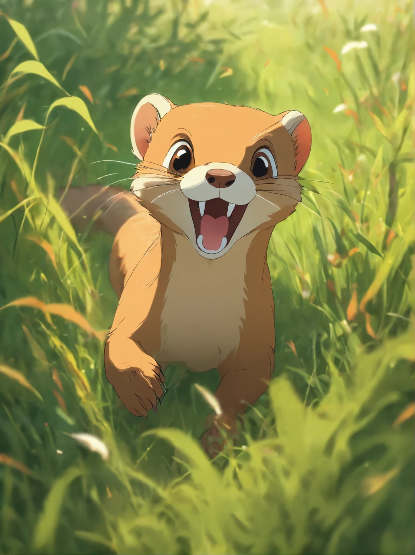 A weasel pouncing in the grass.
