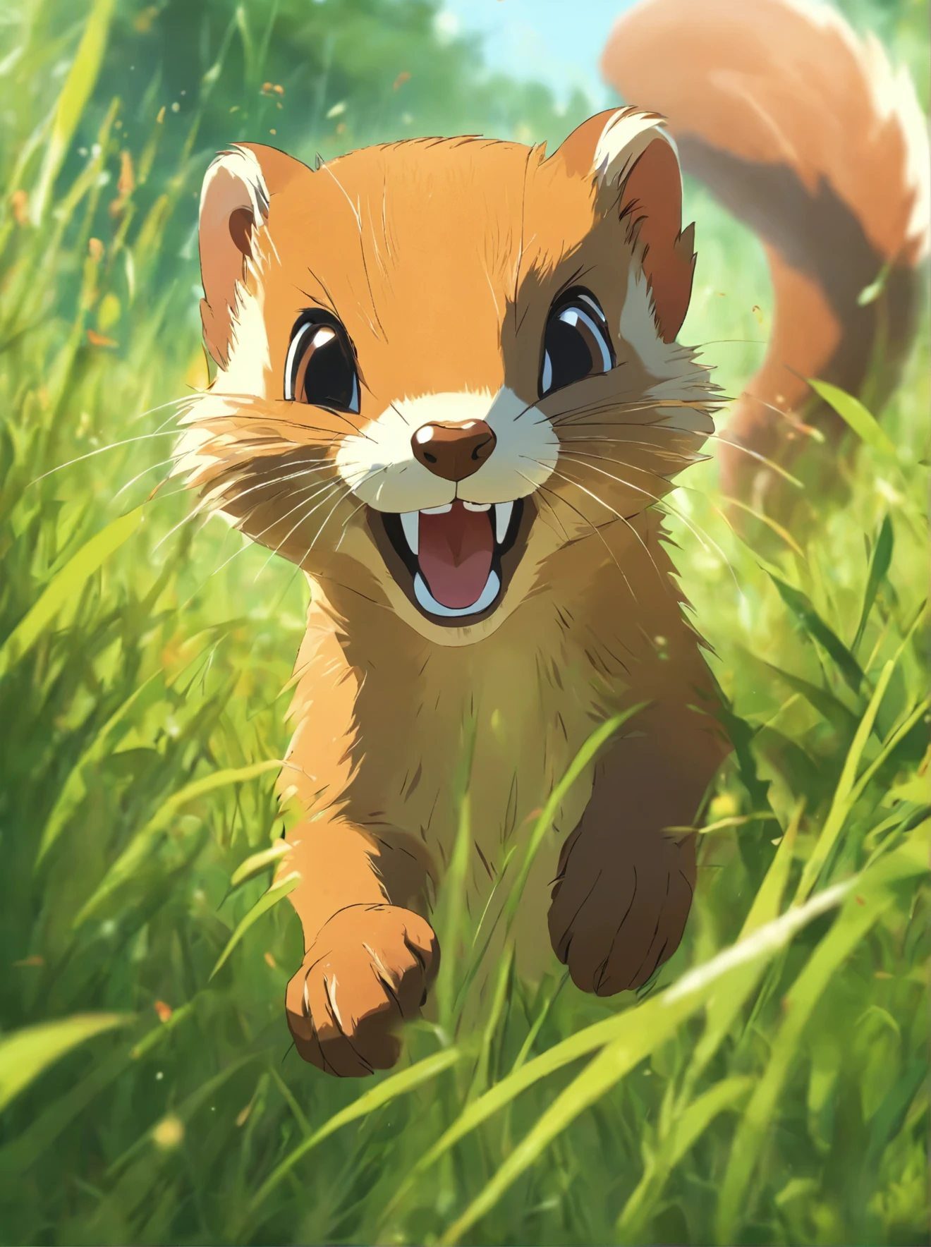 A weasel pouncing in the grass.