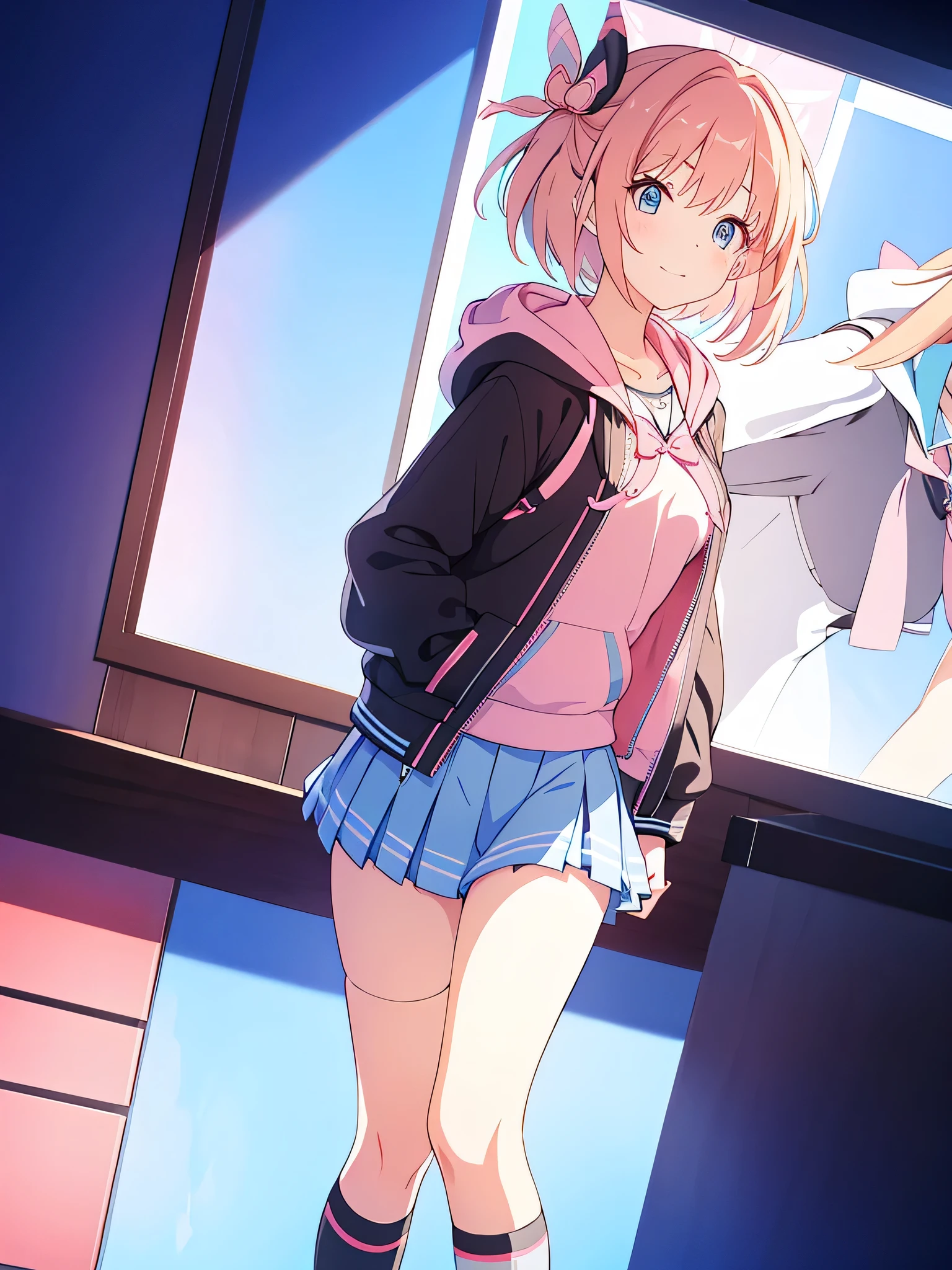 Beautiful vtuber girl short hair blue eyes pink hair in room with short black school skirt hoodie cute with white stockings pink tennis shoes with black