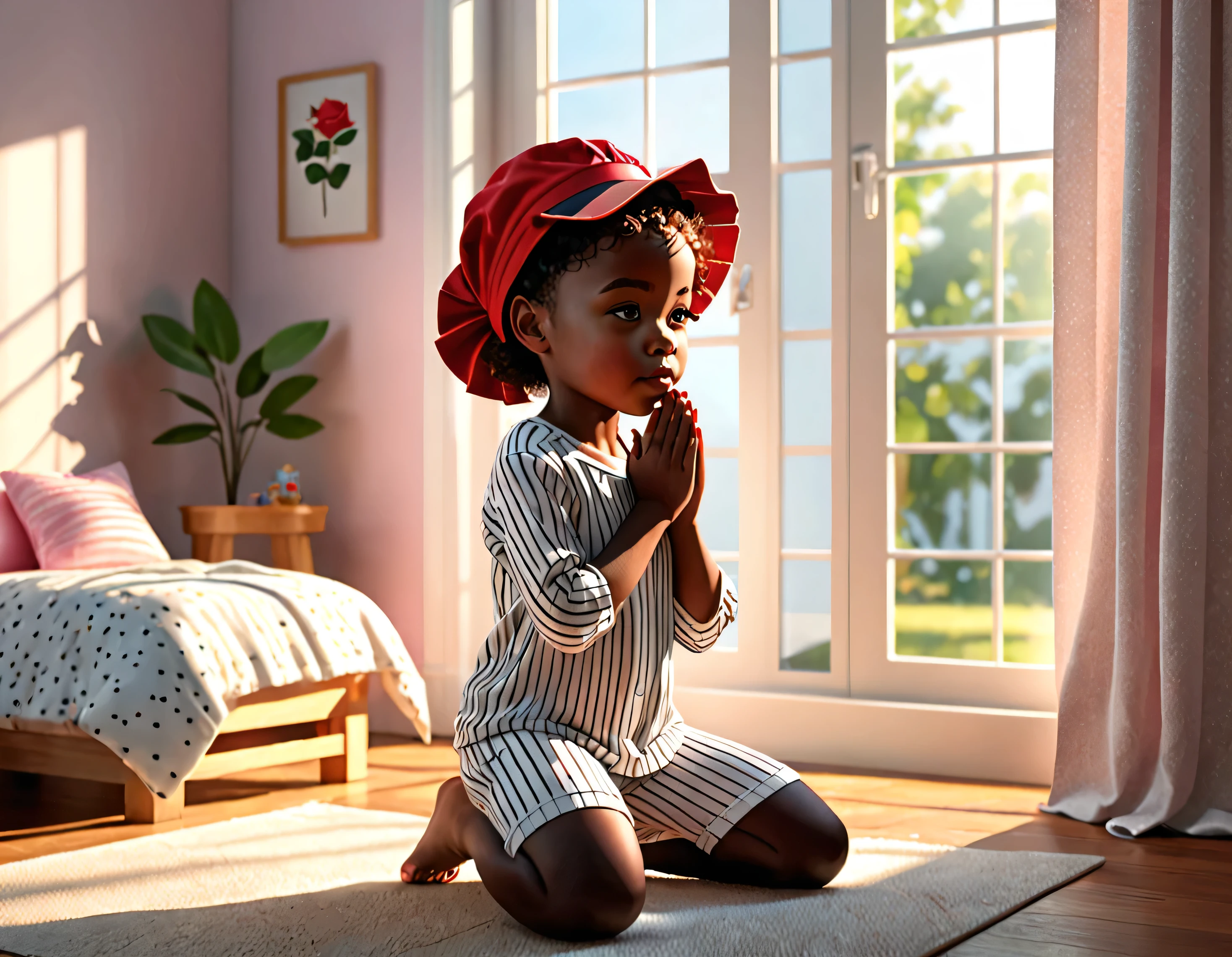 3d illustration of A young girl, black oily skin, .o, African American, rose, oily skin, 8y, kneeling and praying in her bedroom, praying hands. Day light coming through the windows like morning time. Red bonnet on her pillow in the background. Her in a pajama set , shorts and shirt, (white with thin black vertices stripes). As if waking to do morning prayers.