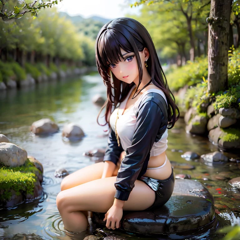 masterpiece, (best qulaity:1.3), 8K, wallpaper, (1girl, akame \(akame ga kill!\), black hair, red eyes, long hair, ((open shirt)), (wet), (black bra:1.4), ((expressionless, rain)), outdoors, forest, cloudy sky, ((medium breasts, cleavage)), (navel), pleated skirt, looking at viewer)